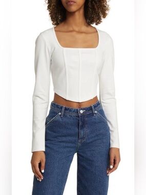 ABERCROMBIE & FITCH Off-White Square-Neck Long Sleeve Cropped Corset Top